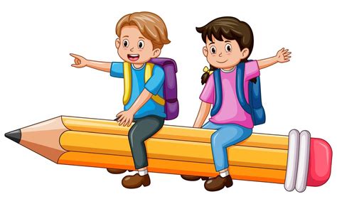 Vector Illustration Of Happy School Kids Riding A Flying Pencil