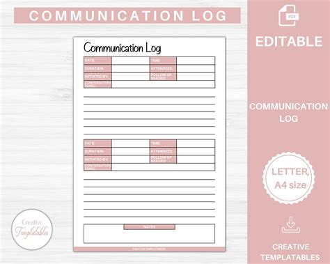Editable Communication Log Template