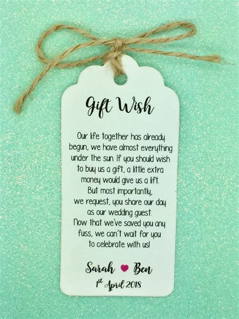 Personalised Wedding Gift Wish Money Request Poem Card Favour Wedding