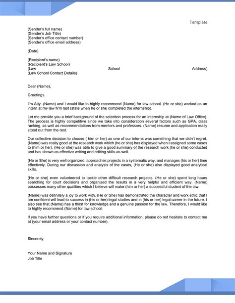 Law School Recommendation Letter Template