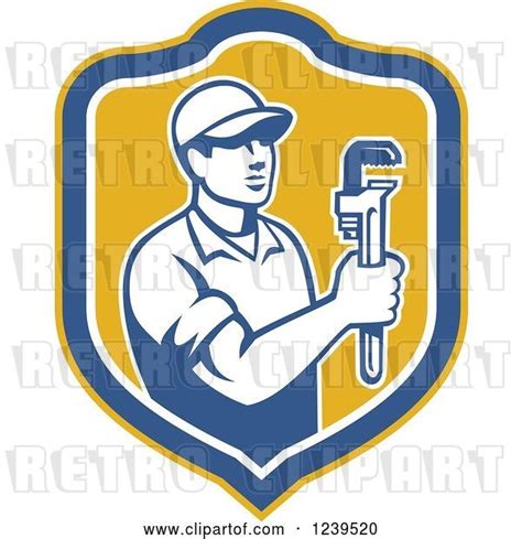 Vector Clip Art Of Retro Male Plumber Holding A Monkey Wrench In A