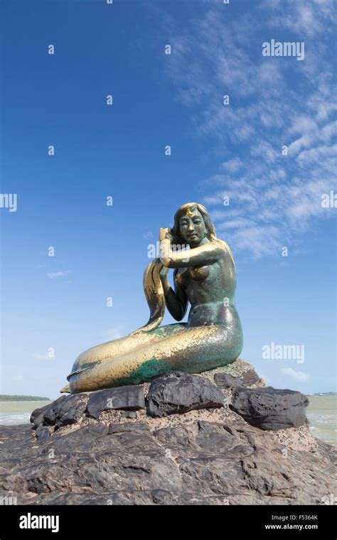 Golden Mermaid Statue On Samila Beach Songkhla Thailand Stock Photo