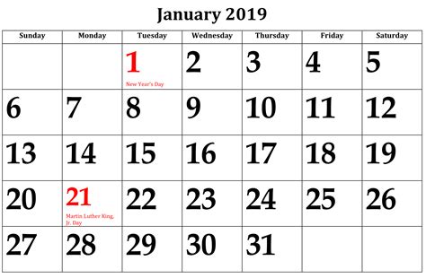 January 2019 Calendar With Holidays Calendar Printables 2019 Calendar