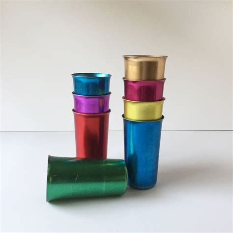 Vintage Set Of 8 Aluminum Tumblers By Sunburst Mid Century Aluminum Drinking Glasses Rainbow