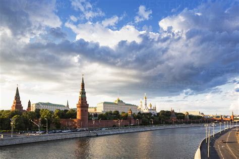 Russia Moscow River Moskva Kremlin Wall With Towers And Cathedrals