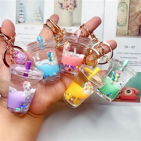 creative mini soft drink keychain coconut milk tea beverage bubble tea acrylic moving liquid oil