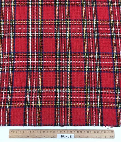 Tartan Plaid Check Wool Fabric Red White Multicolor Textured 14 Yard