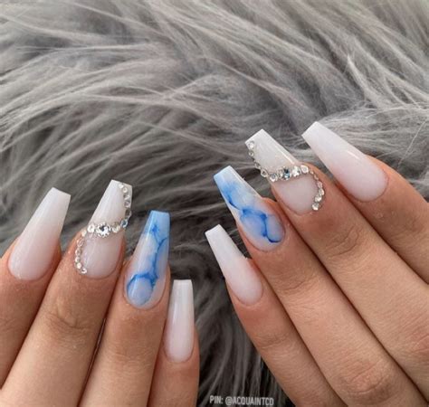 soft white blue marble acrylic nails with rhinestones . # ... Today i'm going to be turning some kmart press on nails into nail tips.