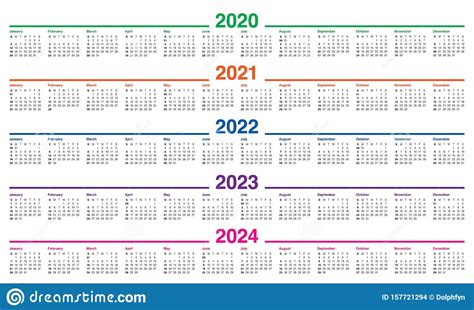 Yearly calendar showing months for the year 2024. Year 2020 2021 2022 2023 2024 Calendar Vector Design Template Stock Vector - Illustration of ...