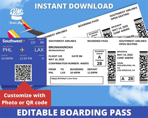 Editable boarding pass ticket template surprise airline gift southwest