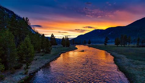 Sunset Over The River In Yellowstone National Park Wyoming Image