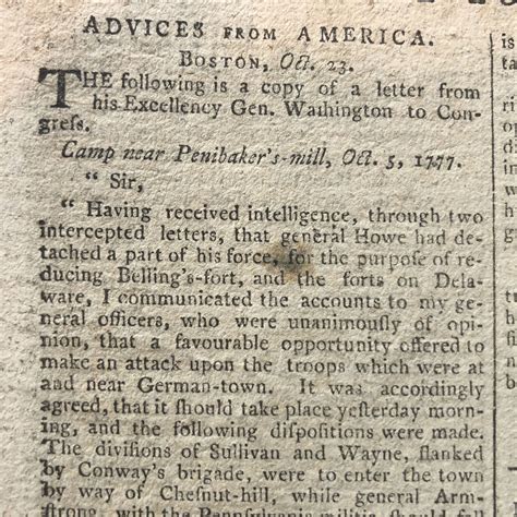 1777 Revolutionary War Newspaper George Washington Letter Battle Of