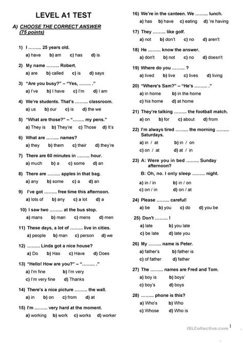 Placement Test A1 A2 Worksheet Free Esl Printable