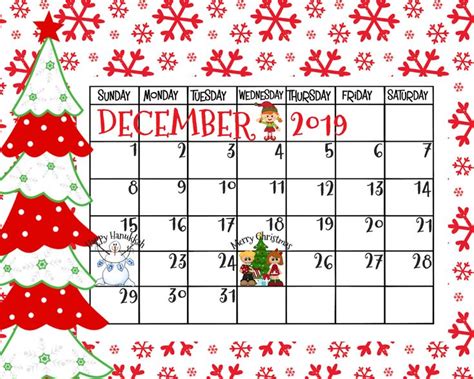 December 2019 Calendar Christmas Calendar December Printable Calendar