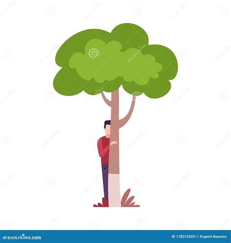Young Man Hiding And Peeking Behind Green Tree Vector Illustration