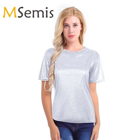 Womens Shiny T Shirt Ladies Top Tees Sparkly Metallic Shirt Round Neck