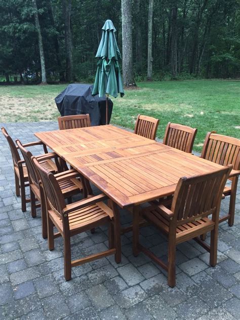 From a casual dinner to a festive gathering, this teak outdoor table offers the owner a seemingly limitless possibilities of seating configurations. Teak Outdoor Dining table, 47 X 96, two leaves, seats 8 ...