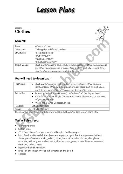 English Worksheets Clothes Lesson Plan
