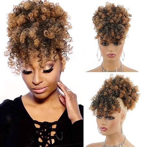 Afro Puff Drawstring Ponytail With Kinky Curly Hair Clip In Bangs Short
