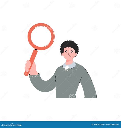 A Guy In Stylish Clothes Stands Waist Deep And Holds A Magnifying Glass