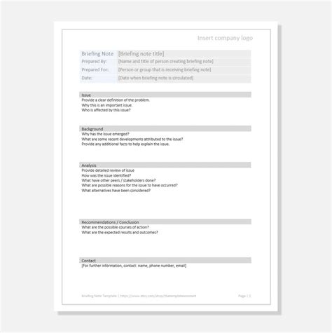 Briefing Note Business Template Digital Download Etsy