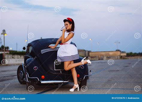 Beautiful Pin Up Girl Posing With Hot Road Car Stock Photo Image Of