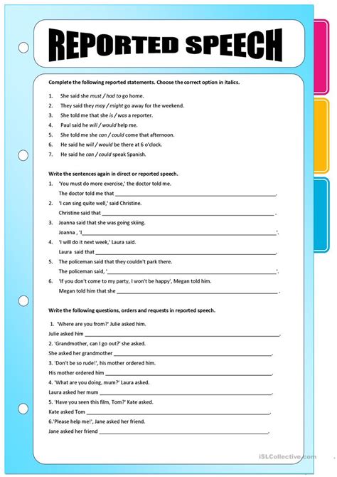 Reported Speech - Exercises worksheet - Free ESL printable ...