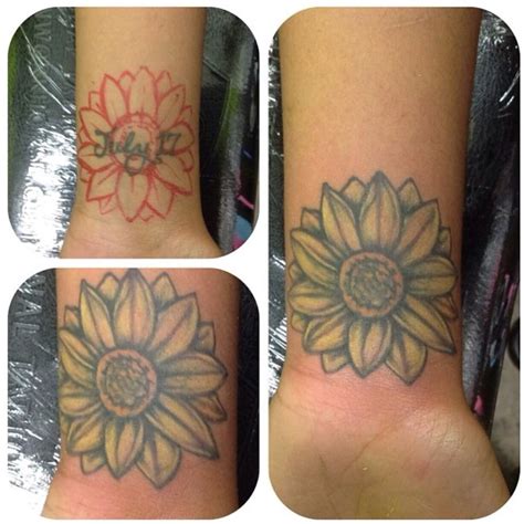 Monochromatic overlay makes great cover up tattoos because the tattoo artist can use the bones of the original tattoo and make it disappear at the same time. Name on wrist Cover-up tattoo done by Ray from Island City ...