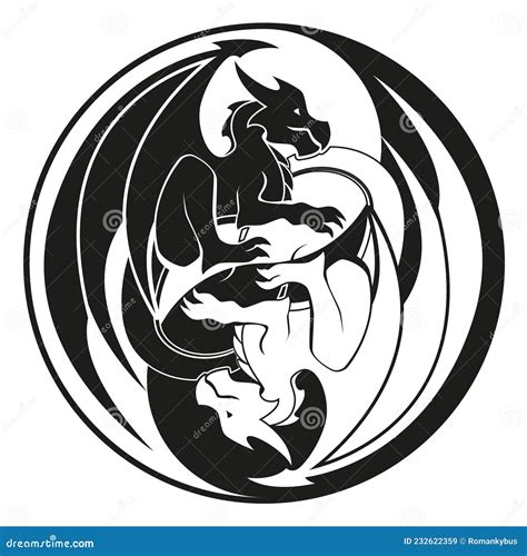 Dragons In Yin And Yang Circle Dragon Symbol Black And White Illustration Vector Stock Vector