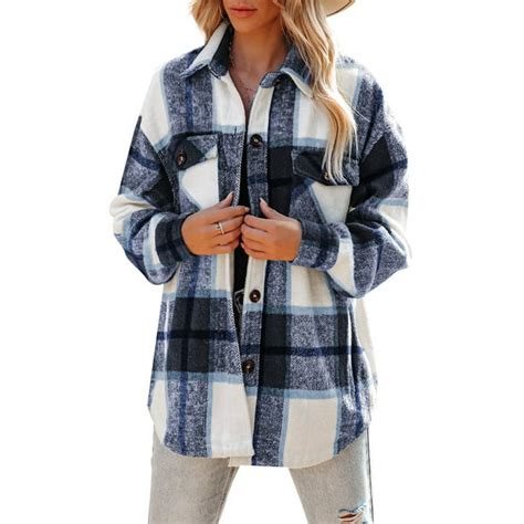 Womens Flannel Shacket Jacket Casual Plaid Wool Blend Button Down Long