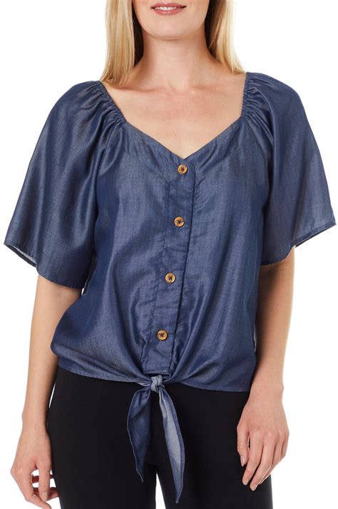 Ava James Ava James Womens Button Down Tie Front Short Sleeve Top