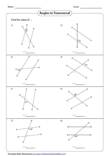 Angles Formed by a Transversal Worksheets