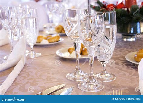 Luxury Banquet Table Setting With Crystal Glasses Stock Photo Image