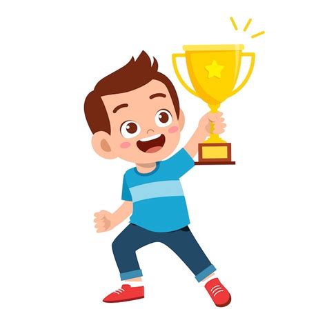 Boy Win The Contest Earn Trophy And Medal Royalty Free SVG Clip Art
