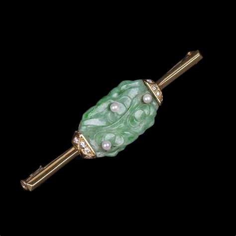 18k Gold Jade Brooch With Pearls And Diamonds Antique Weapons