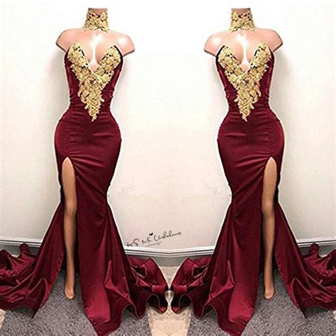 Burgundy Sexy Women Gold Lace Applique Long Evening Gowns Split Side Mermaid Prom Dresses 2017