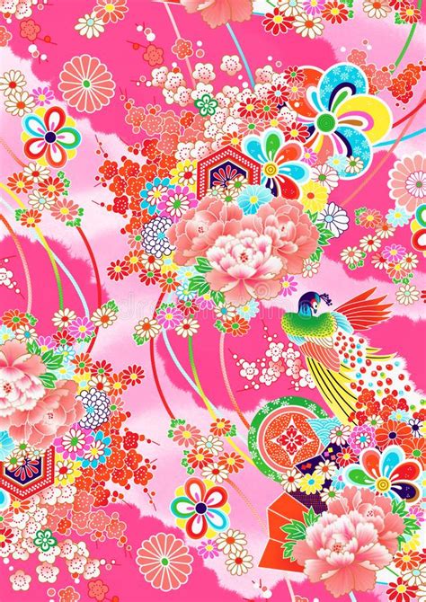 Pink Floral Japanese Kimono Style Pattern Stock Illustration