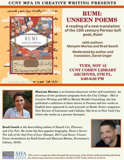 Rumi Unseen Poems Reading And Conversation Ccny English Department