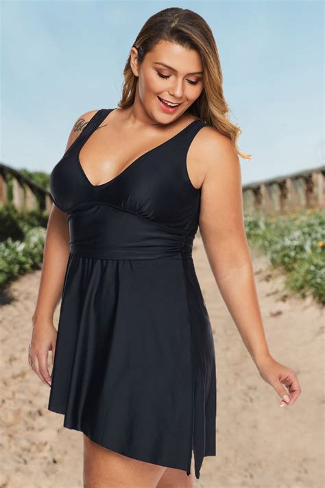 Womens Plus Size Ruched V Neck Swimdress And Shorts High Waist Padded