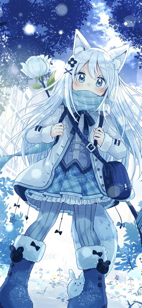 Download 1080x2340 Anime Girl White Hair Animal Ears Winter Snow