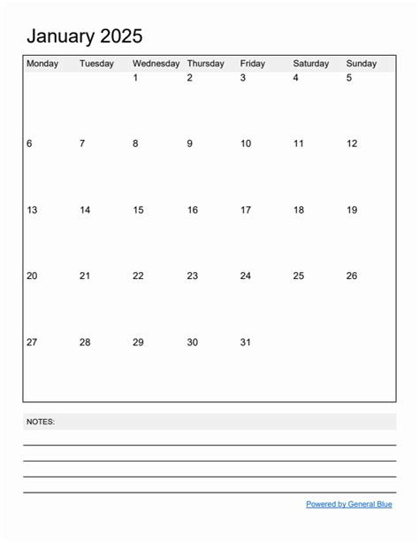 January 2025 Monthly Calendar Templates With Monday Start