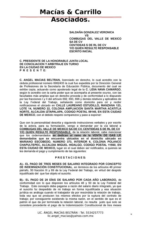 Escrito Inicial Demanda Por Despido Injustificado Carrillo