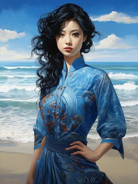 Premium Ai Image A Painting Of A Woman In A Blue Dress On The Beach