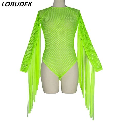 Women Neon Green Tassels Sleeve Fringe Bodysuit Sexy Hollow Out Stage