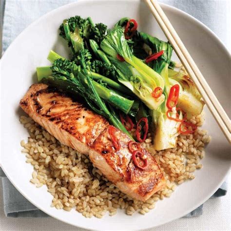 Teriyaki Salmon With Stir Fried Greens And Brown Rice Healthy Food Guide
