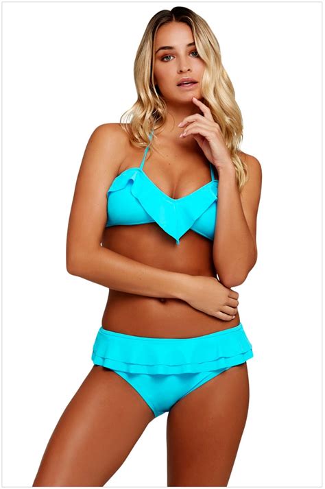 2018 New Sexy Bikini Set Blue Chic Ruffle Detail 2pcs Halter Swimsuit Biquini Swimwear Bathing