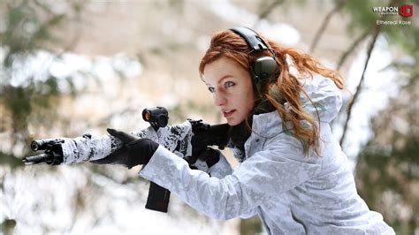 Wallpaper Gun Women Redhead Model Winter Weapon Photography