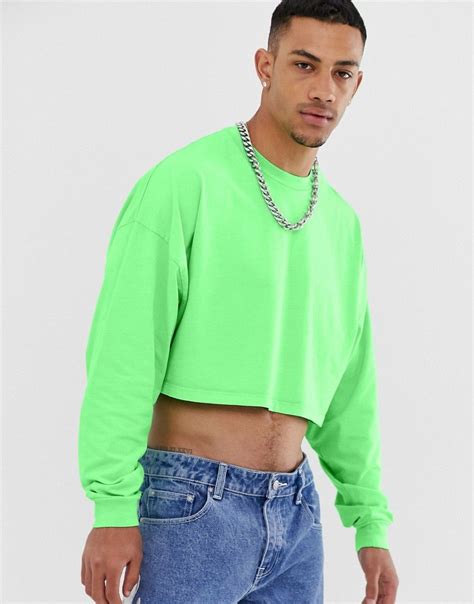 Asos Design Oversized Cropped Long Sleeve T Shirt In Washed Neon Green
