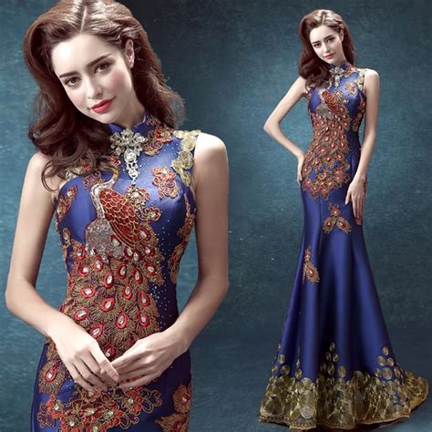 blue phoenix jewel embroidery backless cheongsam dresses chinese tradition satins modern