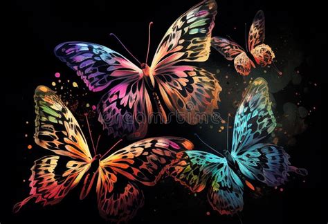 Beautiful Neon Multi Colored Butterflies On A Black Background Painted